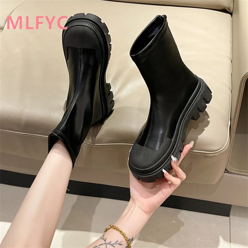 

Women Versatile Color Matching Thick Sole Thick Heel Round Head Zipper Short Boots female Simple Casual Boots mujer Boots