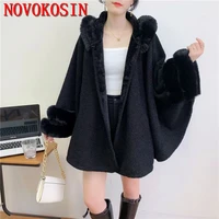 6 colors women big pendulum cardigan black granular velvet cloak winter thick double circle fur long poncho coat with fur hat