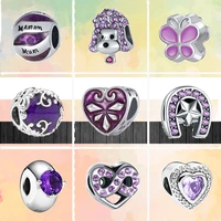 hot sale purple series hand painted butterflies love heart beads fit original brand charms silver color bracelet women jewelry