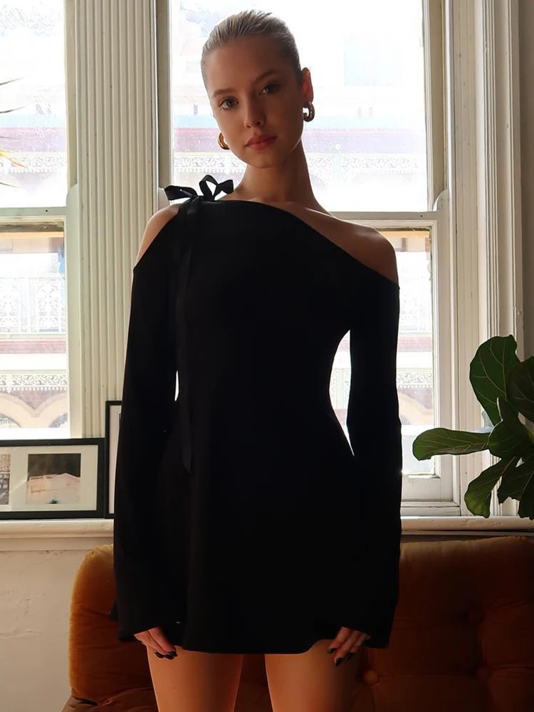 

KLALIEN Elegant Women's One Shoulder Mini Dress Lace Up Slant Collar Long Sleeve Ruffle Bodycon Dress Party Prom Evening vestido