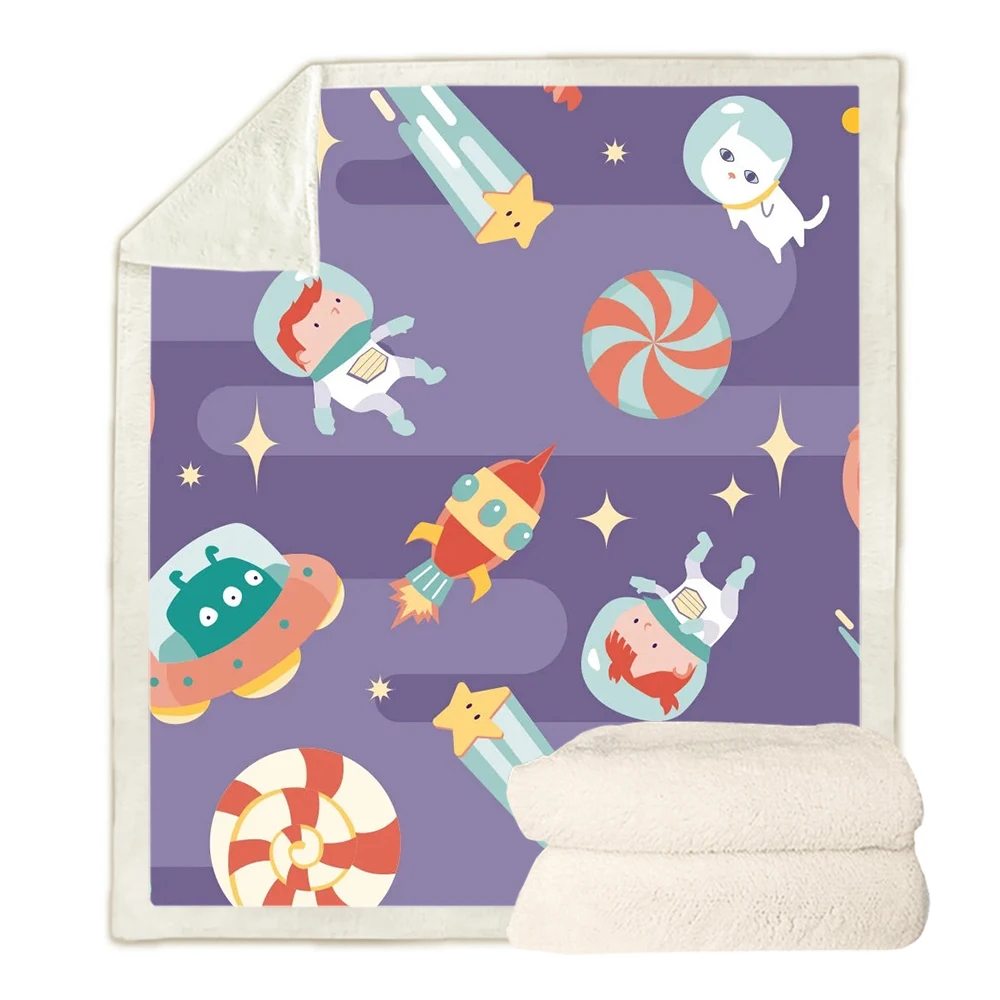 

CLOOCL Children's Blankets cartoon rocket astronaut 3D Printed Double Layer Blanket Throw Keep Warm Quilt Airplane Portable