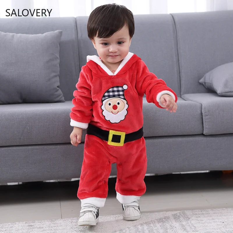 

Christmas Newborn Baby Clothes Winter Baby Boy Flannel Hooded One-Pieces Bodysuit Full Sleeve Baby Girl Santa Claus Print Romper