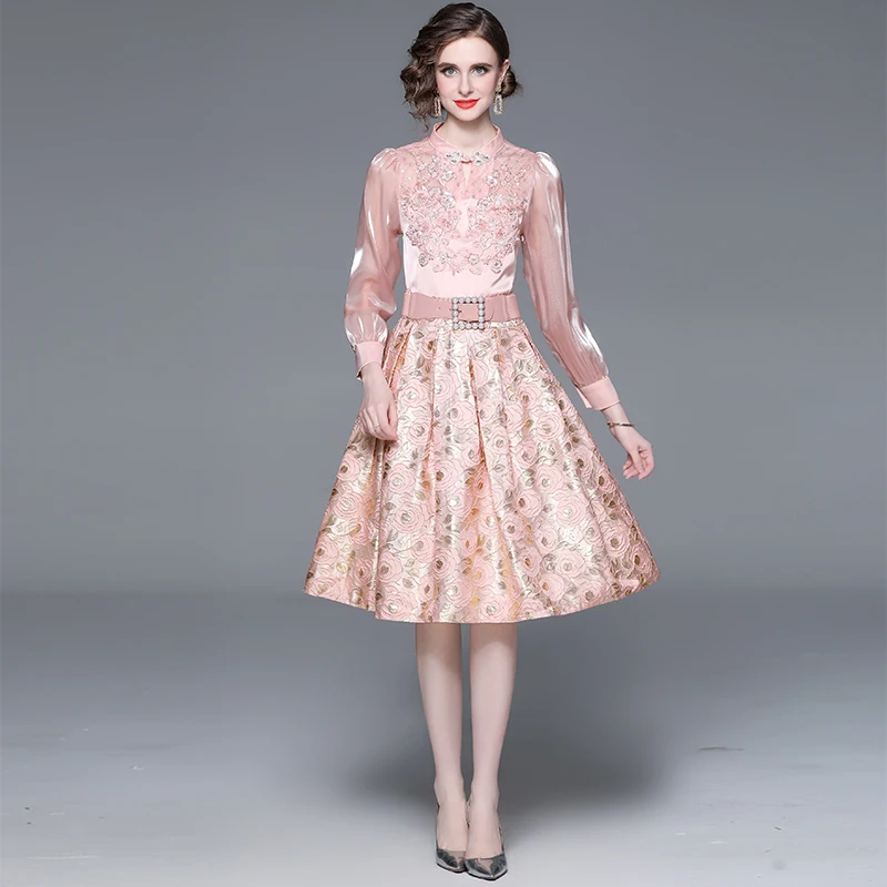 

Runway Autumn Suits Women's Sets Fashion Long Sleeve Chiffon Blouses Tops + Vintage Beaded Flower Appliques Skirts