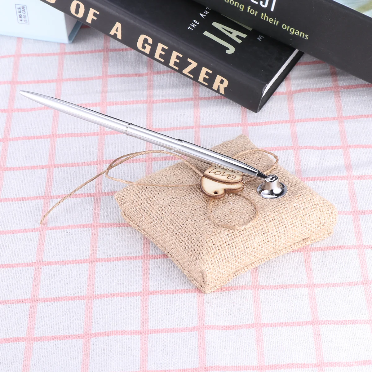 

Vintage Burlap Hearts Wedding Pen Stand Set Register Supplies