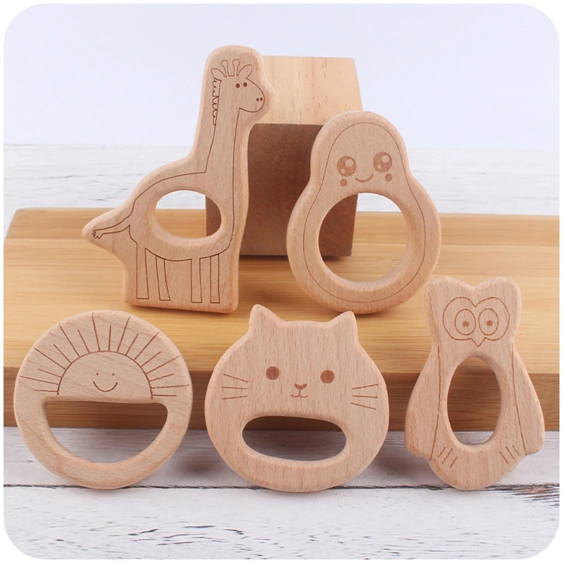 

Handheld Rattle Wooden Teether Food Grade Chewing Toy Toddlers Grab Learning Toy