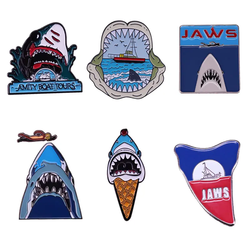 

Steven Spielberg's Classic Horror Movie Brooch Jaws Enamel Pin Swimming Over Shark Mouth Badge Men Women Fashion Jewelry Gift