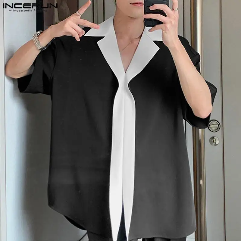 

Топы INCERUN 2023, Мужская Лоскутная черно-белая контрастная блузка в Корейском стиле с отложным воротником, повседневные индивидуальные рубашки с коротким рукавом, женская