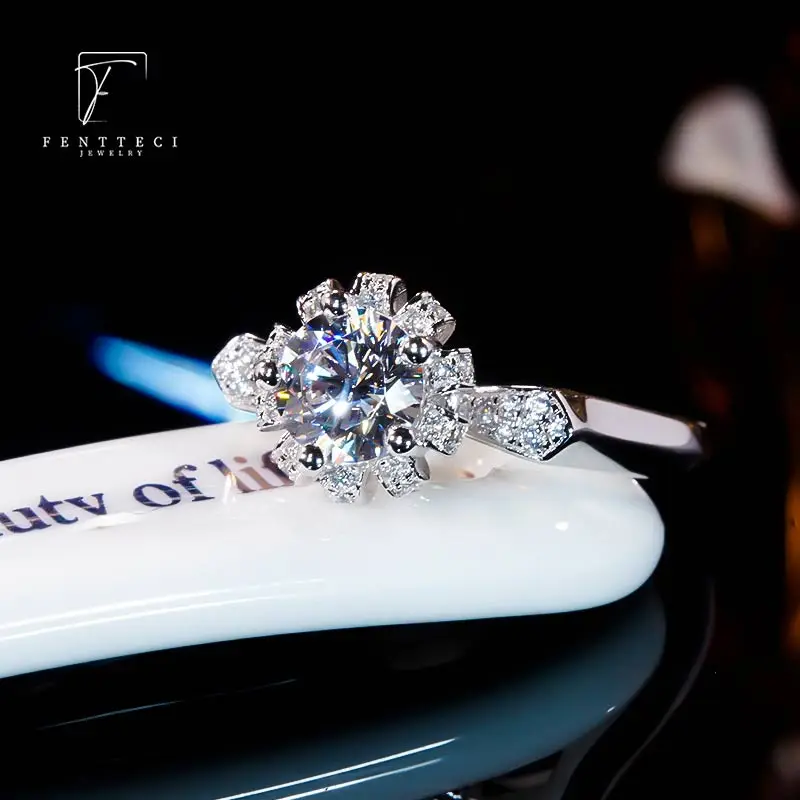 FENTTECI 925 Sterling Silver Luxury Flower Ring Moissanite 6 Prongs Holding Flower Bud 1ct Diamond Ring Female Wedding Proposal