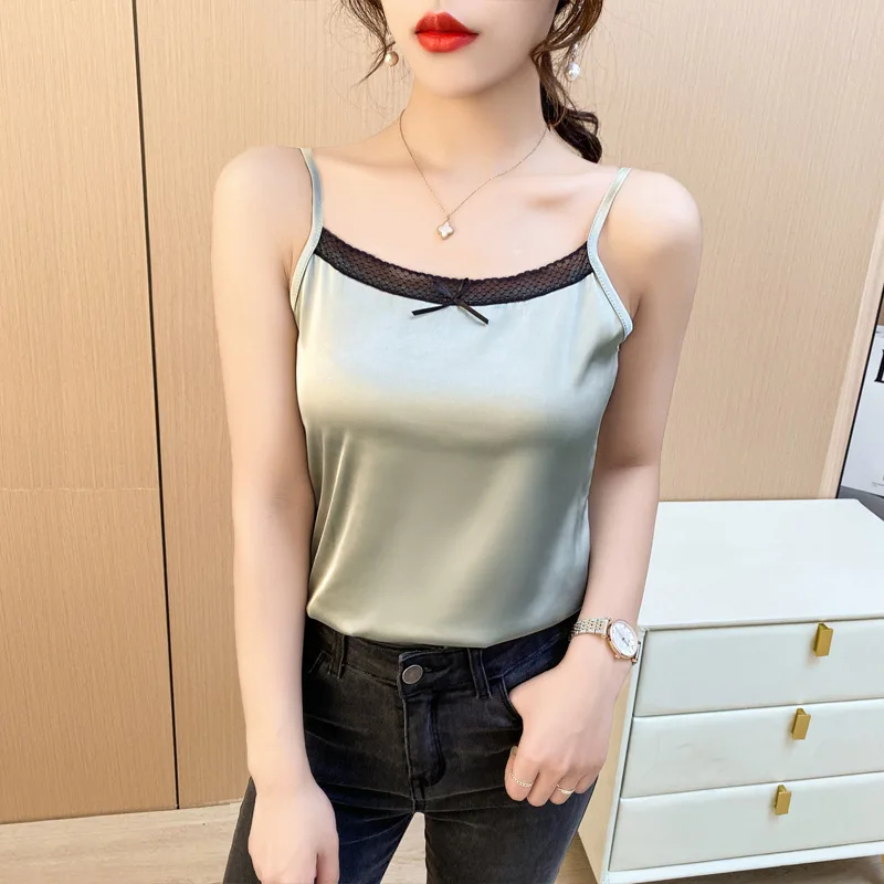 

Acetate satin vest female summer silk lace collar wears 2022 new design Korean fashion office lady camis sleeveless tops