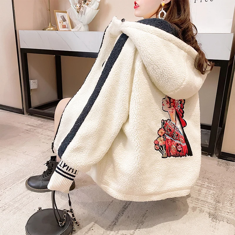 Women 2021 New Autumn Winter Fashion Embroidery Hooded Jacket Lamb Plush Coat Outerwear Ladies Plus Velvet Thick Warm Overcoat