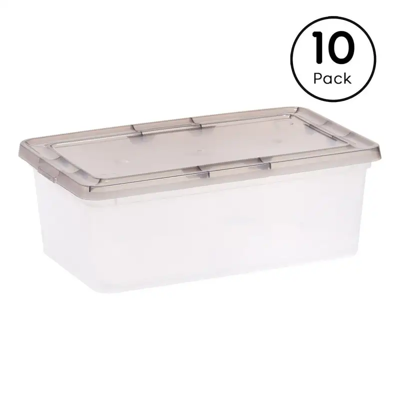 

6 Quart Snap Top Clear Plastic Storage Box, Gray, Set of 10
