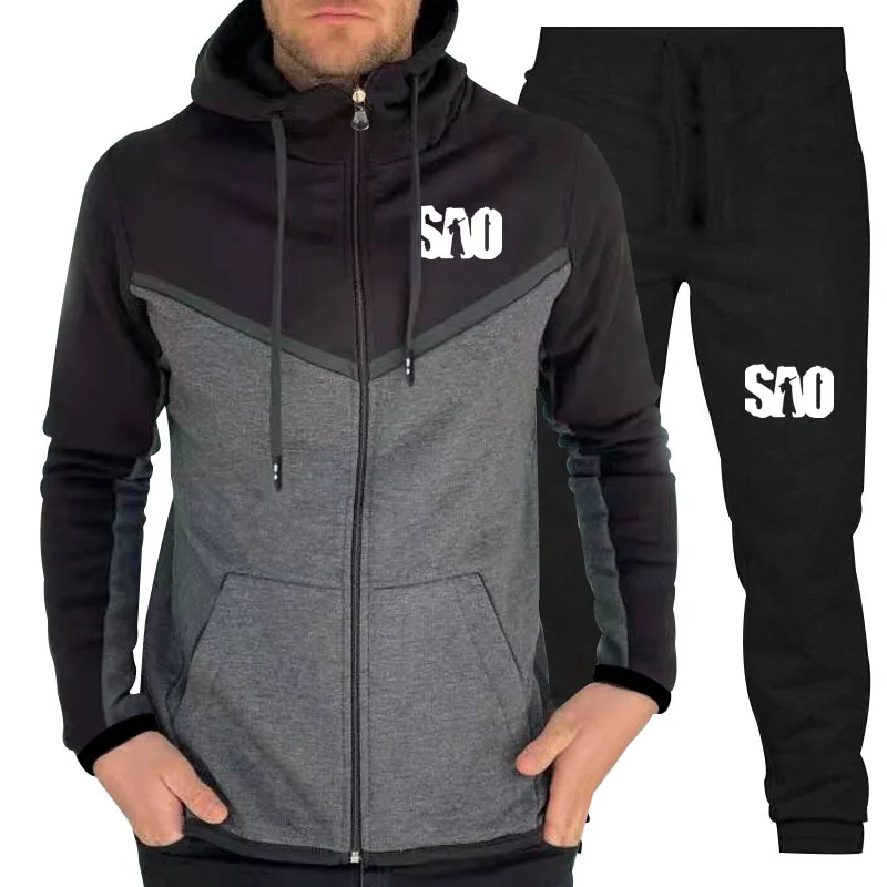 

SAO Sword Art Online logo print Autumn Outdoor Men's Jacket Set Top Quality Brand Men's Sweatshirt Hoodie + sports pants Set
