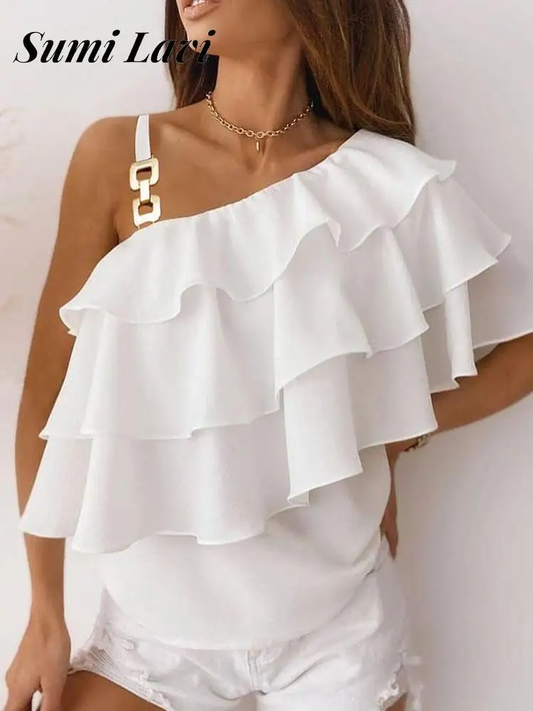 

Fashion Office Solid Ruffled Pullover Women Diagonal Collar One Shoulder Blouse Elegant Off Shoulder Metal Button Tops Blouse