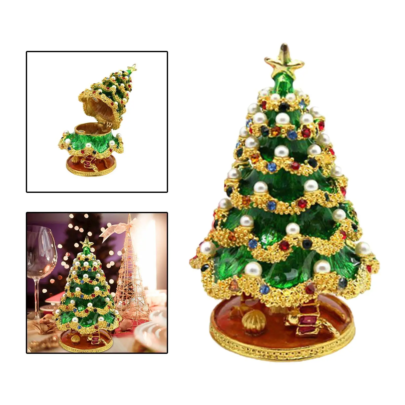 

Hand Painted Christmas Tree Jewelry Trinket Box Ornament Sculpture Enamel Craft