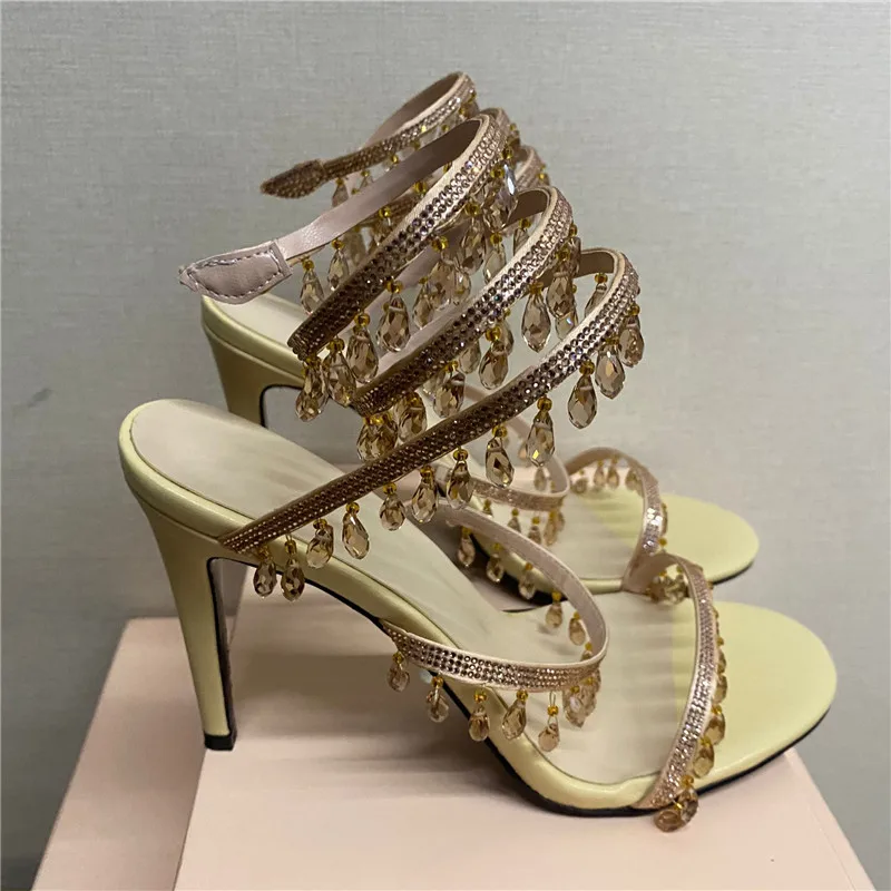 Summer Sexy Ladies Sandals Round Toe Prom Shoes Fringed Crystal Lights Snake-like Ankle Straps Rhinestone Mature Women Sandals