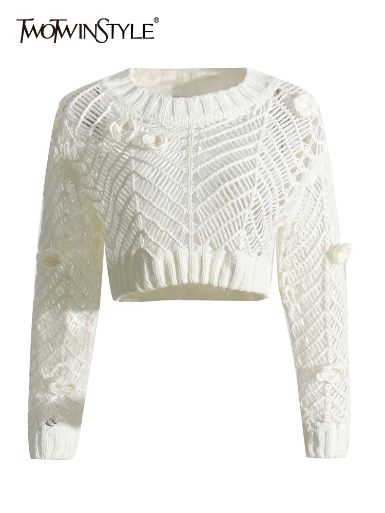 

TWOTWINSTYLE Hollow Out Knitting Striped Sweater For Women Round Neck Long Sleeve Short Length Sexy Sweater Female Fashion New