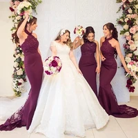 fashion halter lace bridesmaid dress purple 2022 sexy sleeveless mermaid wedding party gowns maid of honor dress custom made