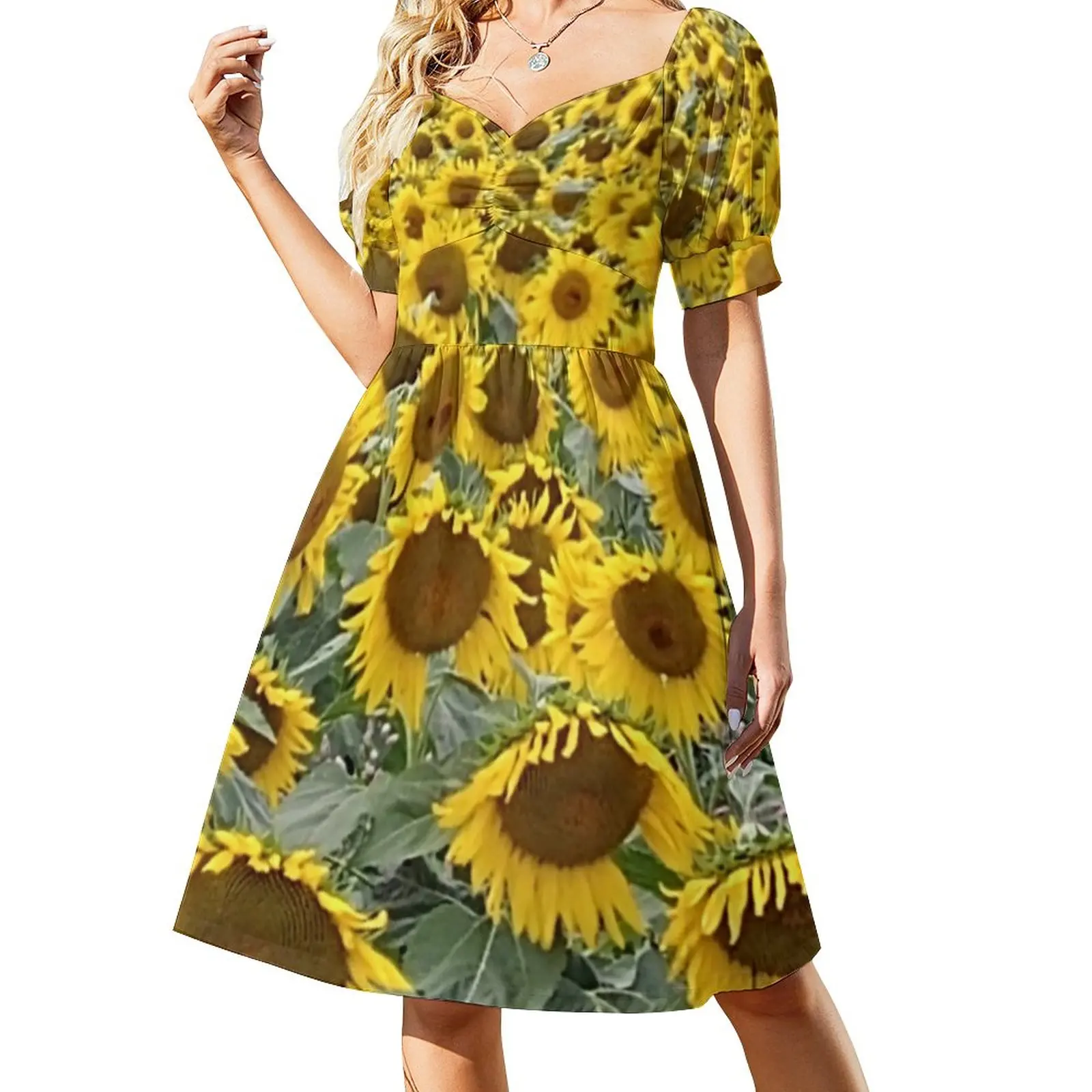 

Big Sunflower Field Casual Dress Yellow Floral Print Stylish Dresses Cute Dress Women V Neck Big Size Vestido