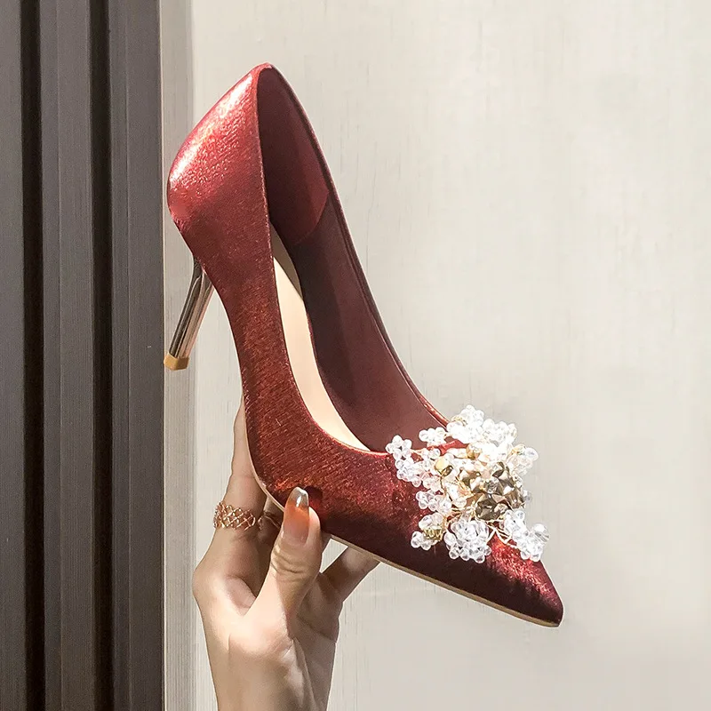 

6cm New Fashion Pointed Toe Satin Pumps with Flowers Rhinestone Elegant High Heels Wedding Women Shoes 41 42 43