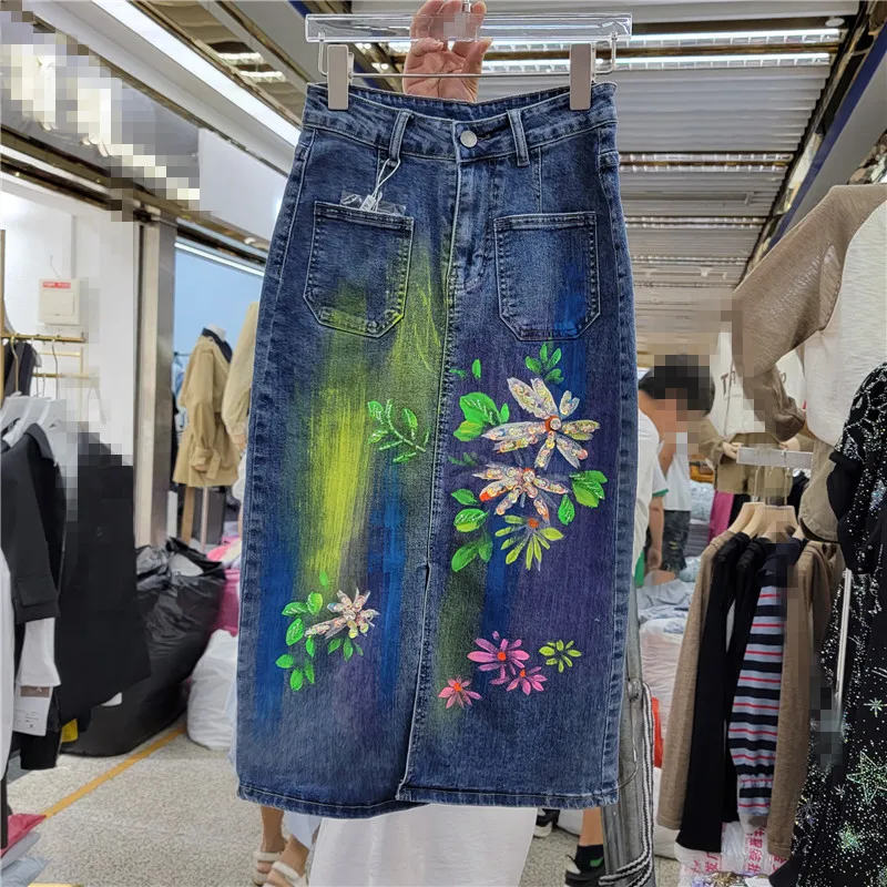 

Mid-Length Denim Skirt for Women 2022 New High Waist Slimming Jeans Skirts Heavy Embroidery Sequins Diamond A- Line Skirt Femme