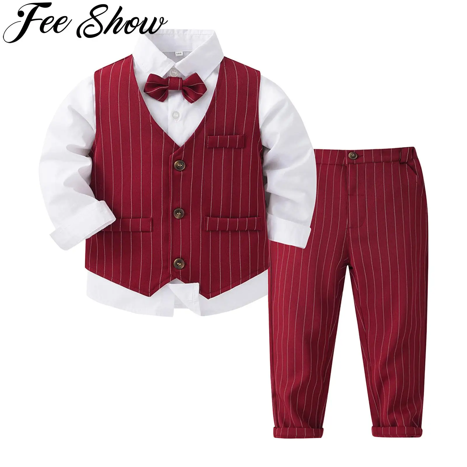 

Kids Toddler Baby Boy Clothes Suit Long Sleeve Gentleman Wedding Outfits Formal Dress Shirt Striped Waistcoat Pants Bowtie Set