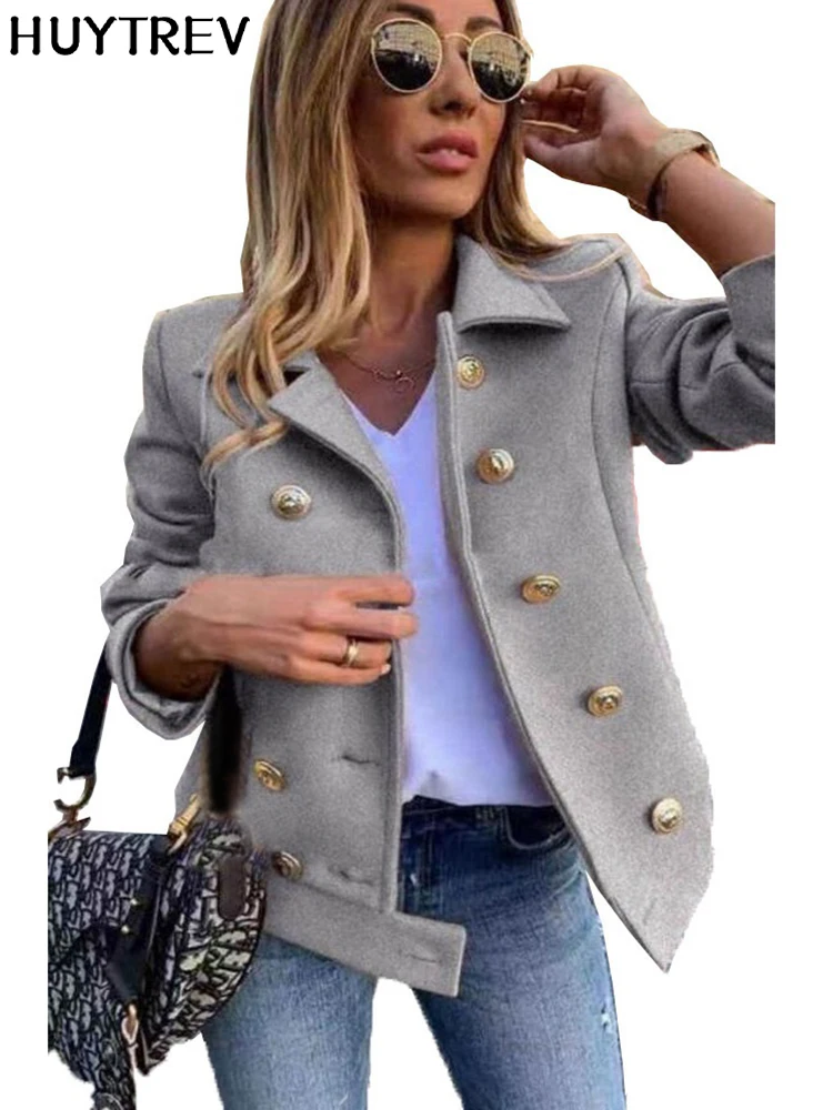 

2022 Autumn Double-breasted Jacket Coat Women Fashion Suit Collar Wool Blended Winter Warm Casual Short Jackets Coats Female
