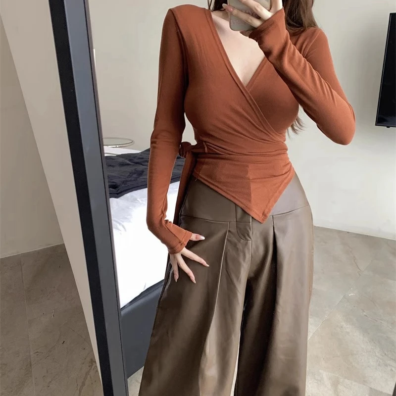 Женская футболка с v-образным вырезом и длинными рукавами новая корейская мода со