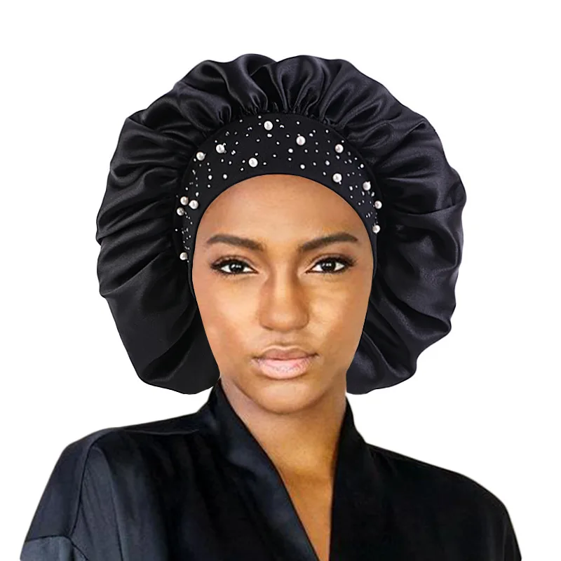 

New Fshion Women Satin Night Sleep Cap with Pearl Rhinestones Hair Bonnet Hat Silk Head Cover Wide Elastic Band