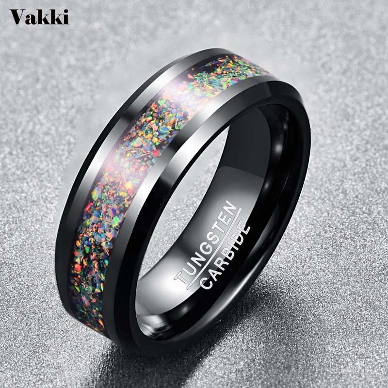 

VAKKI 8mm Black Color Electroplated Polished Natural Colorful Opal Tungsten Carbide Rings Men's Jewelry Wedding Bands Rings
