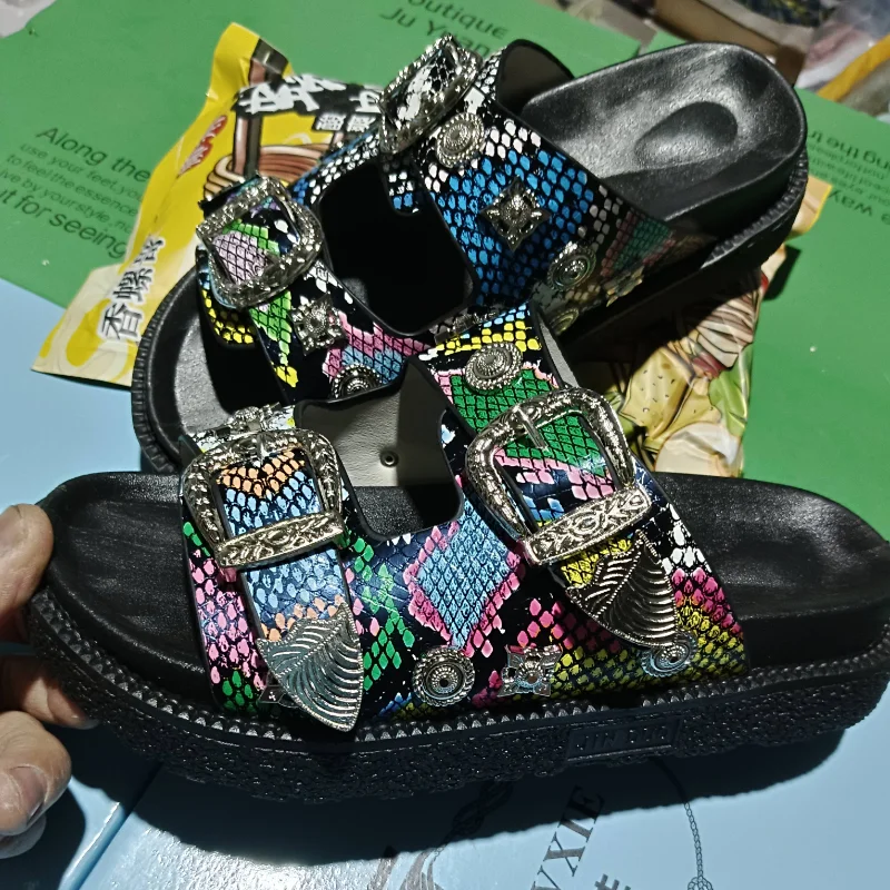 Women's Luxury Brand Slippers 2023 Summer Fashion Metal Buckle Boutique Decoration Wedge Heel Platform Shoes Outer Wear Sandals