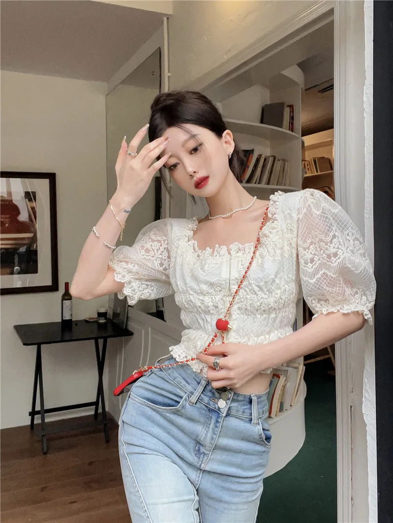 

Женская винтажная блузка с коротким рукавом, кружевная блузка с оборками, Y2k, 2023