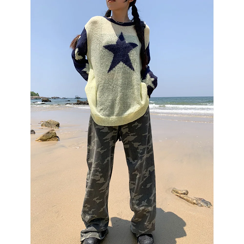 

Свитер Star Y2k 2022, полупрозрачный вязаный женский нежный стиль, сочетание цветов