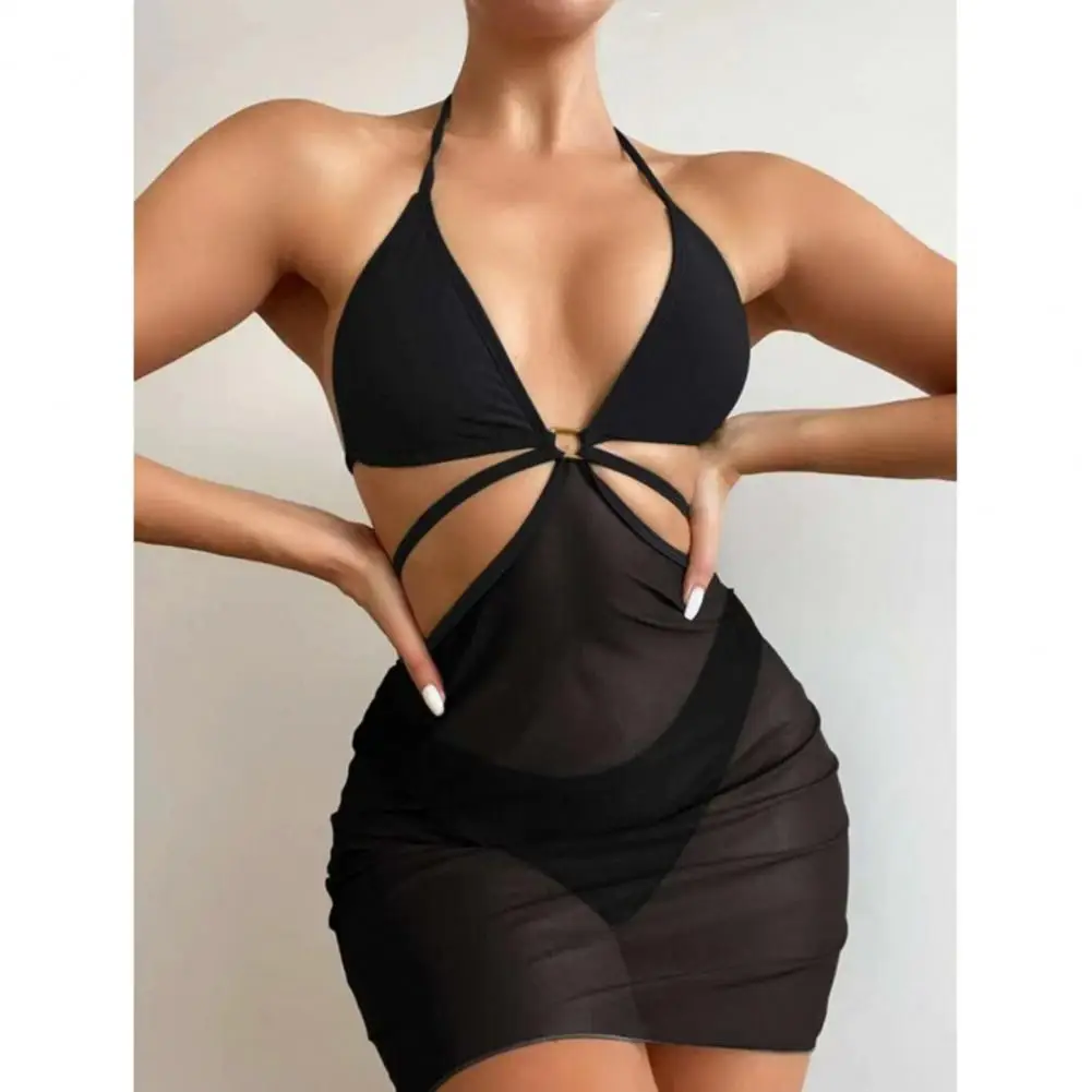 

Sexy 3Pcs/Set Stylish Off Shoulder Backless Split Bikini Three-piece Bathing Suit Mesh for Vacation