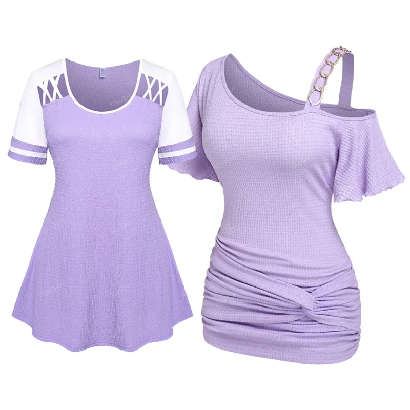 

ROSEGAL Plus Size Purple T-Shirt Crisscross Cutout Textured Tee Chain Embellish Twist Cold Shoulder Top Fashion Women's Clothing