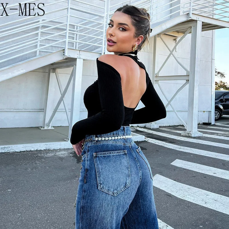 Spring and Autumn New Women Clothing Long-Sleeved Slim Waist Black Sexy Solid Color Y2k Open Back Turtleneck Top Lady Bodysuit