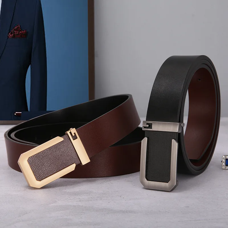 3.5cm Business Cowhide Men's Belt Alloy Buckle Leather Available on Both Sides Casual Solid Color Belt for Men