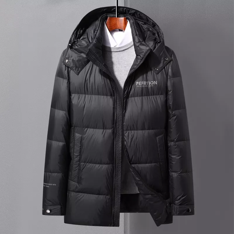 2022New Winter Men's Mid-length Warm Down Jacket Fashion Casual Hooded White Duck Down Coat Male Brand Clothing