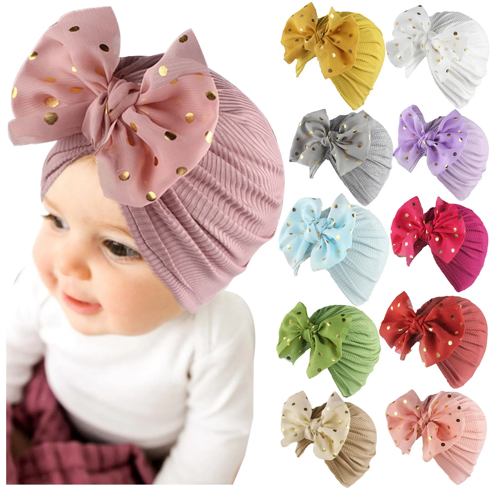 

New Summer Cute Bow Baby Boneless Fetal Cap Solid Color Baby Girls Hat Turban Soft Newborn Infant Cap Beanies Shiny Head Wraps