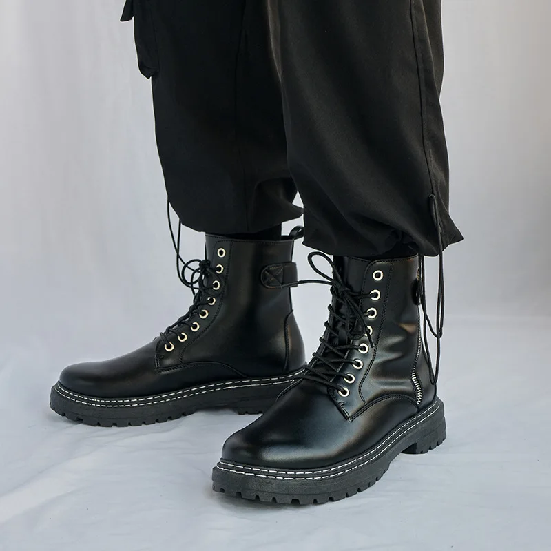 

2022 Autumn New Martin Boots Men's High-top Side Zipper Leather Surface Heightened Thick-soled Work Shoes Fashion Men's Shoes