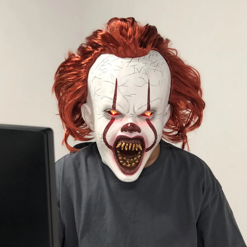 

Horror Pennywise Stephen King Cosplay Scary Red Hair Clown Killer Masks LED Latex Helmet Halloween Party Carnival Costume Prop