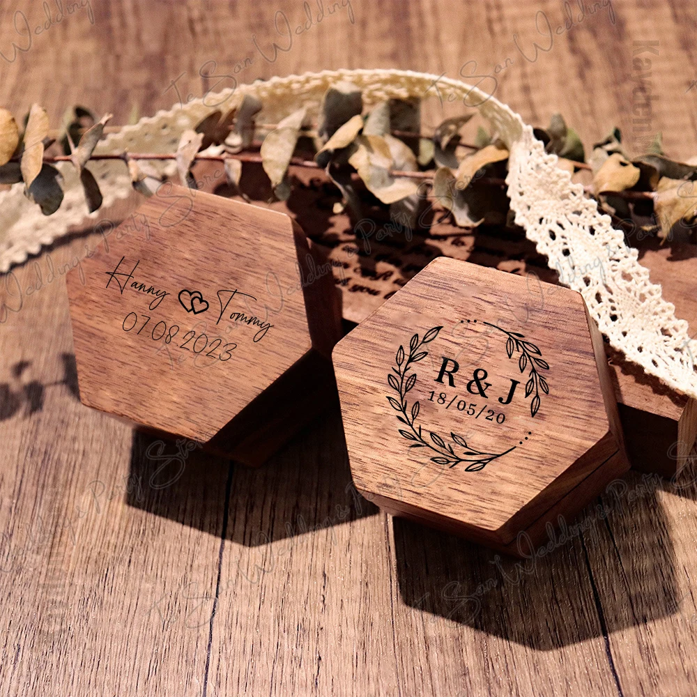

Personalized Wooden Ring Box for Wedding Ceremony Engagement Proposal Custom Hexagon Engraved Ring Bearer Box Jewelry Storage