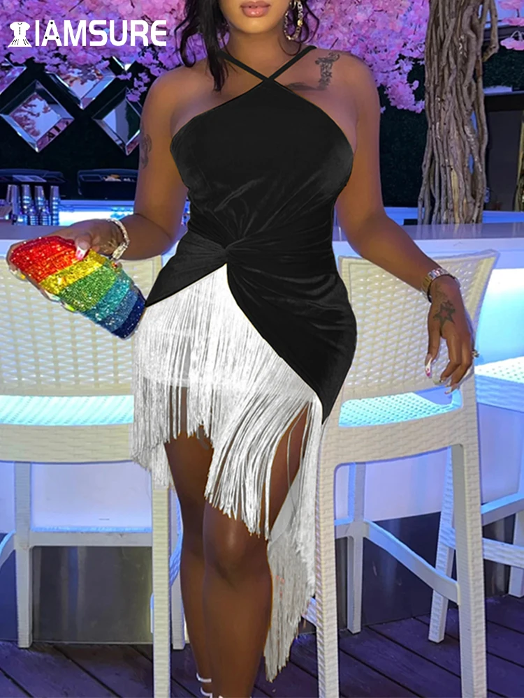 

IAMSURE Clubwear Patchwork Tassel Velvet Bodycon Dress Sexy Slim Halter Sleeveless Mini Dresses For Women 2022 Autumn Spring