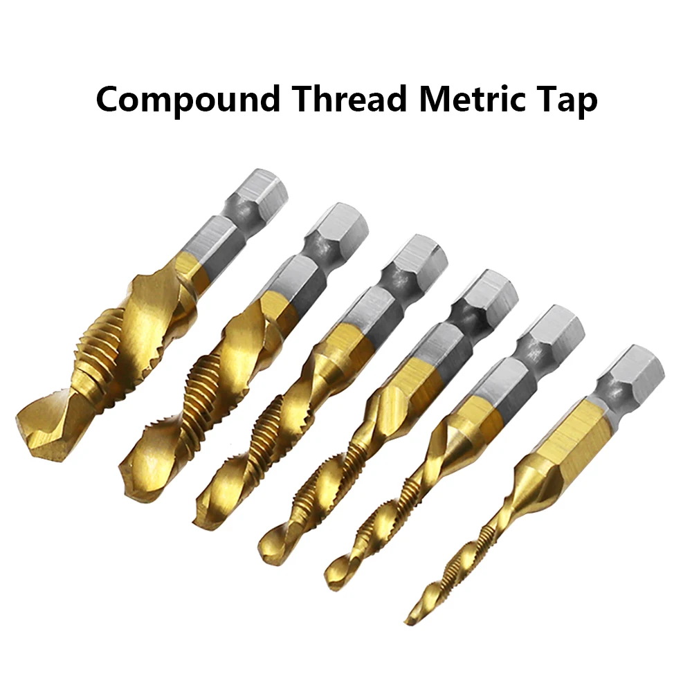 1Pcs/6Pcs Titanium Plated Hex Shank HSS Screw Thread Metric Tap Drill Bits Machine Compound M3 M4 M5 M6 M8 M10 Hand Tools - купить по