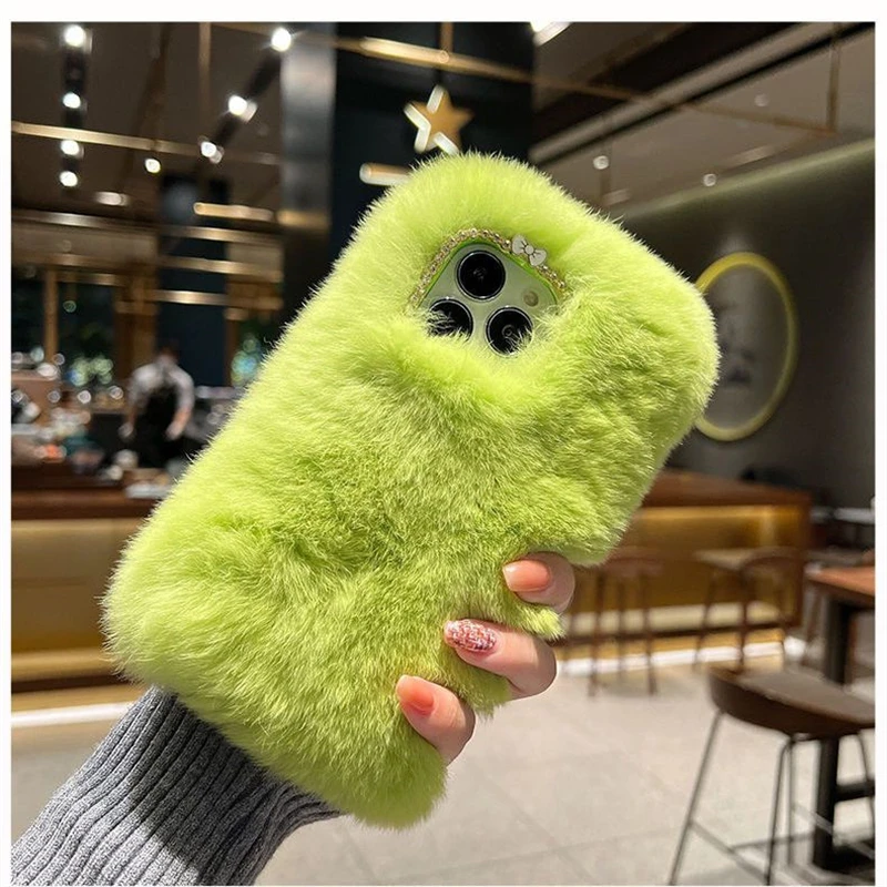 

Phone Case For Iphone 14 13 pro 12 Pro max Winter Warm Plush Rabbit Hair Phone Case For Iphone 11 Plus Shall Cute