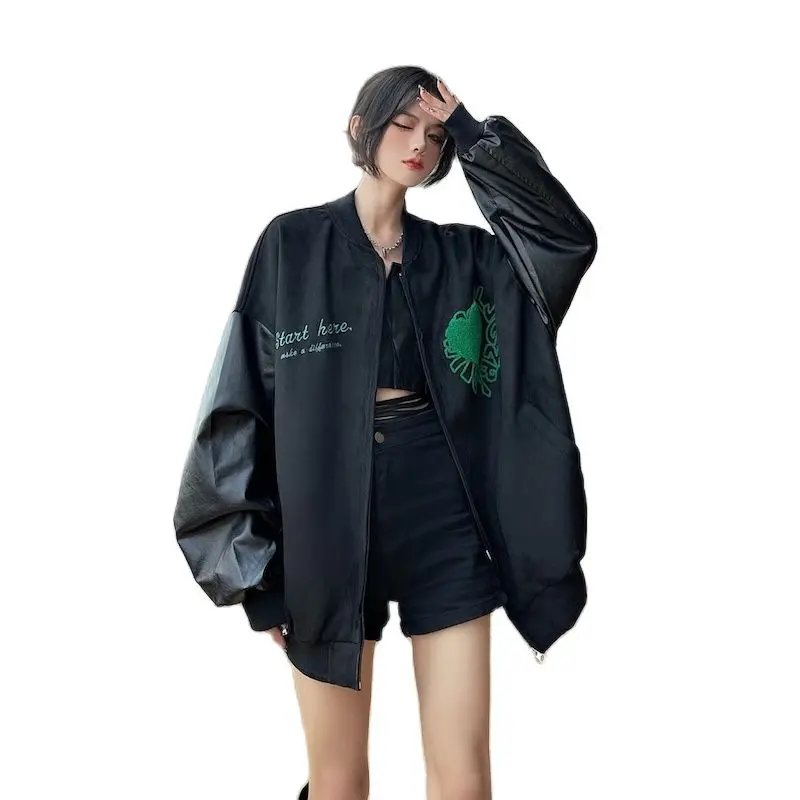 

Preppy PU Leather Patchwork Baseball Uniform Jacket Women's Clothing Spring Autumn Streetwear Hip-hop Embroidery Coats BC166