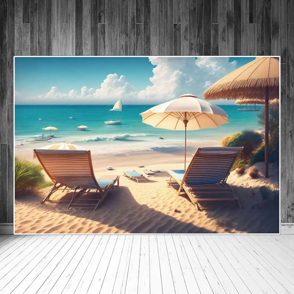 

Beach Cot Umbrella Photography Backdrops Tropical Ocean Ship Sailboat Seaside Sands Summer Holiday Decoration Photo Backgrounds