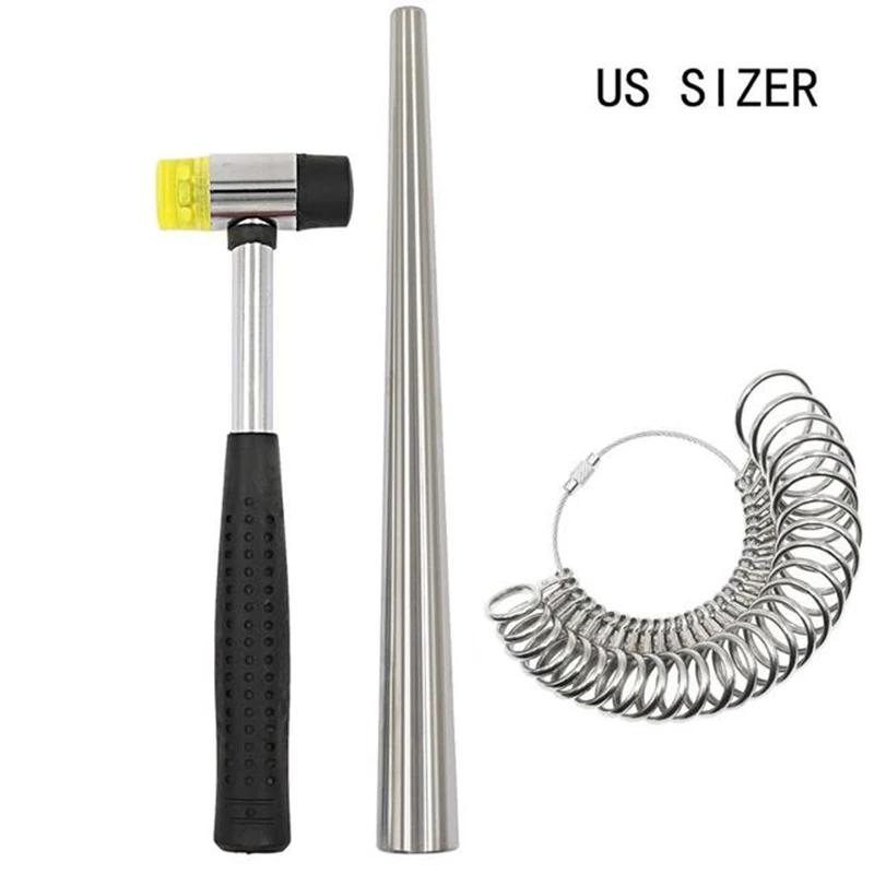 

3PCS Ring Mandrel Sizer Tool with Metal Mandrel Finger Sizing Measuring Stick and Ring Sizer Guage and Rubber Jewelers Hammer