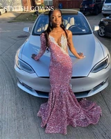 sparkly one shoulder long prom dress for black girls 2022 sequined evening gown appliques birthday party gowns robe de soiree