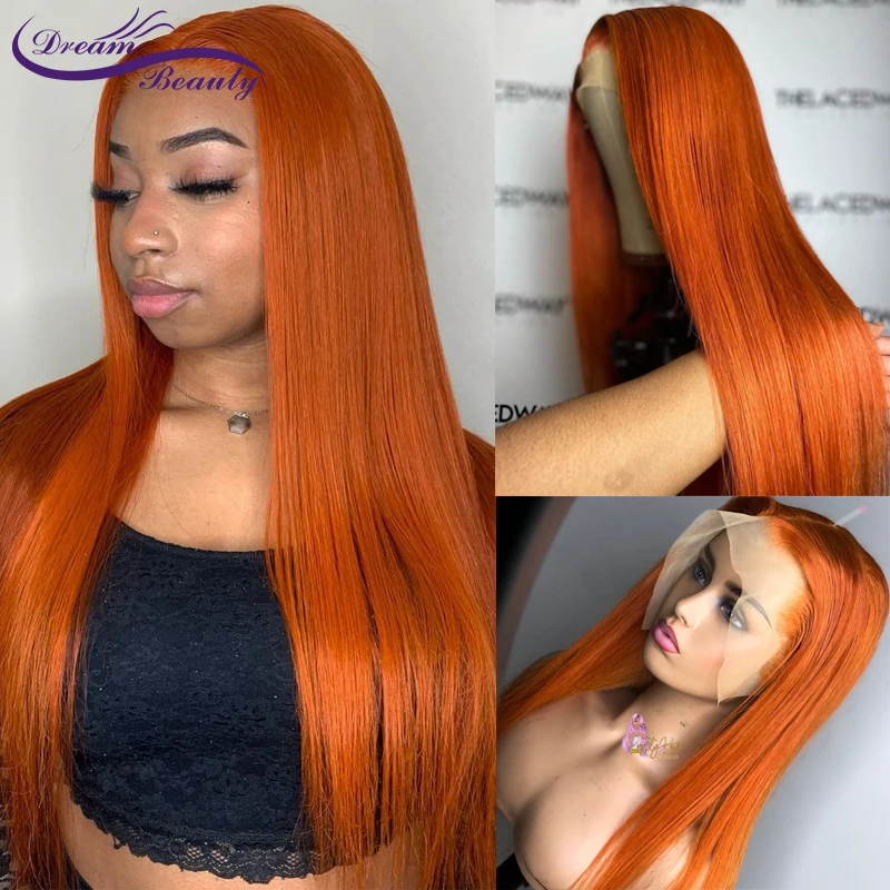 Orange Ginger Color 13x4 Lace Front Wigs 4x4 Closure Straight Human Hair Wigs 180% Density Brazilian Remy Lace Frontal Wigs