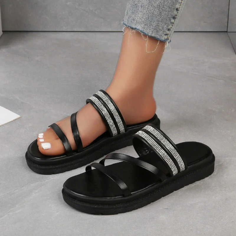 

Women Slippers Rhinestone Strap Sandals 2022 Summer Beach Platform Non-slip Slides Outdoor Female Comfortable Flat Shoes Size 43